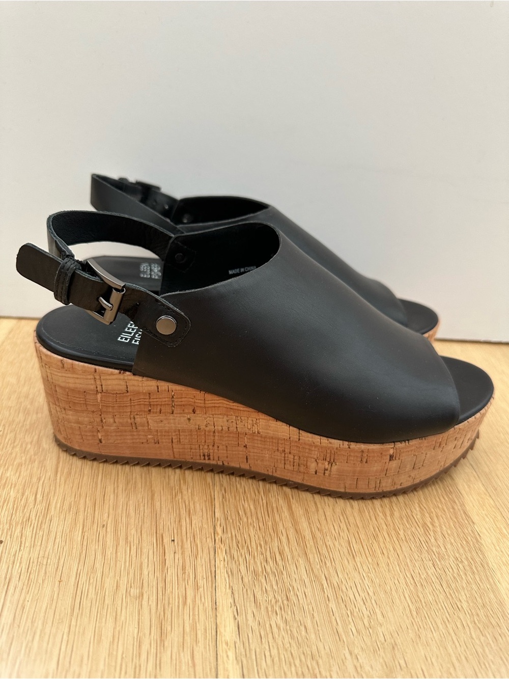 Eileen Fisher - Black Leather / Cork Platform Wedge Sandals - 7 1/2 - Picture 6 of 15